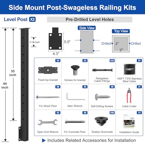Image of BLIKA 4FT-10FT Complete Set 36 inch Side Mount Cable Railing Post Kits, Fascia Mount Deck Posts, Black Swageless Cable Railing System Include 2 Level Posts, 150FT 1 /8 inch Stainless Cable(No Handrail)