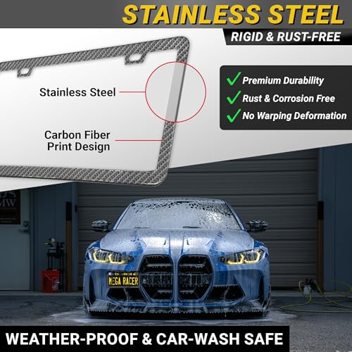 Image of Premium Slim Carbon Fiber Design License Plate Frames - 2 Pack, Rust-Free Stainless Steel & Rattle-Free, Street Legal, Universal with Screw Caps, Thin Metal Front & Rear Car Tag Holders for Men