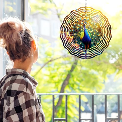 Image of FLAGWIX Peacock Wind Spinners Outdoor - 3D Stainless Steel Metal Kinetic Spinner 12 inch - Gardening Gifts for Women, Peacock Yard Art Home Garden Decor, Gifts for Outside