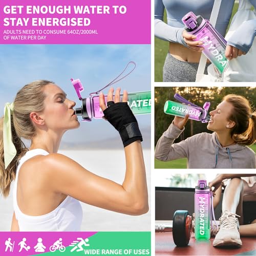 Mevoly Trinkflasche, 1L Wasserflasche Auslaufsicher BPA-Frei aus Tritan, 1 Liter Trinkflasche Sport mit Zeitmarkierung und Abnehmbare Schnürung, Flasche für Fitnessstudio, Oudoor, Gym, Schule