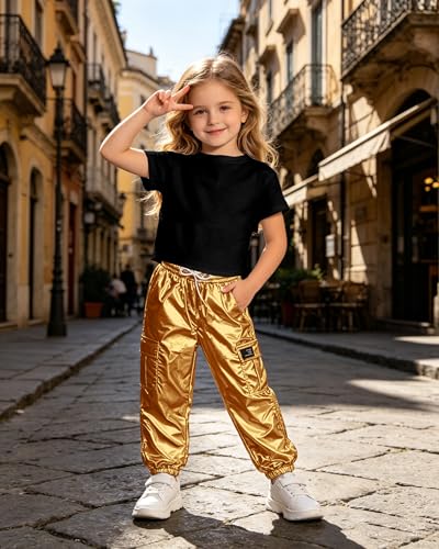 Image of SANGTREE 2 Piece Outfits Women, Black Short Sleeve+ Gold Cargo Jogger Pants with Multi Pockets Elastic Waist, Large