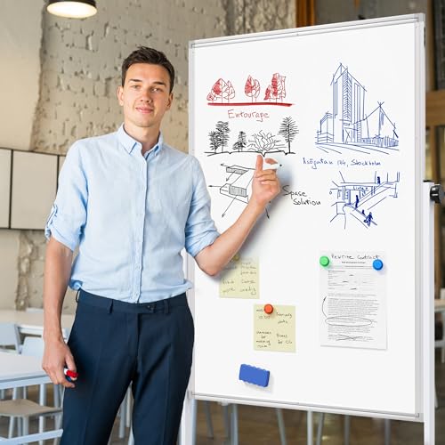 Image of Large Rolling Whiteboard on Wheels, 48 inch x 32 inch Height Adjustable Mobile White Board with Stand, Portable Standing Magnetic Dry Erase Board Easel for Home Office Classroom School, Silver