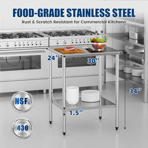 Image of Stainless Steel Table for Prep & Work, 24x30Inches, Metal Commercial Heavy Duty Table with Adjustable Under Shelf and Foot for Restaurant, Home and Hotel, Metal Weather Resistant