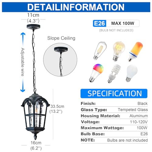 Black Outdoor Pendant Lights for Porch Hallway Patio, Aluminium Exterior Hanging Light Fixture, Outside Waterproof Vintage Hanging Lantern Light, Height Adjustable Outdoor Pendant Lamp