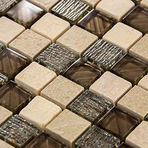 Luxury Textured Brown, Iridescent Glass & Ivory Stone Mosaic Wall Tile Sheet 8mm