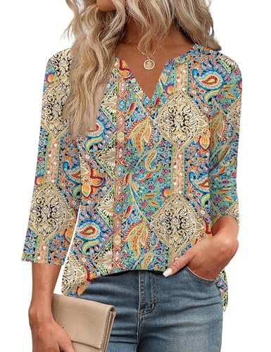 LOMON Womens Tops 3/4 Length Sleeve V Neck Business Casual Blouses Summer Tees Shirts 20252