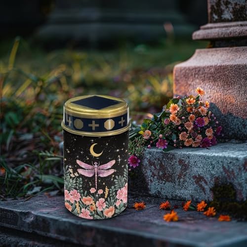 Image of Poceacles Solar Lights Outdoor Cemetery Grave Decor - Solar Memorial Lights, Pink Dragonfly Flower Moon