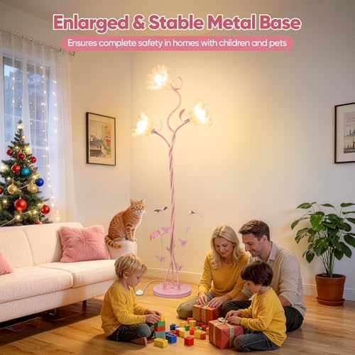 Image of TOBUSA Flower Floor Lamp for Bedroom, 3-Head Whimsical Pink Floor Lamp with Flexible Gooseneck, 67'' Tall Retro Floral Standing Lamp for Living Room, Modern Unique Cute Flower Corner Lamp for Girl