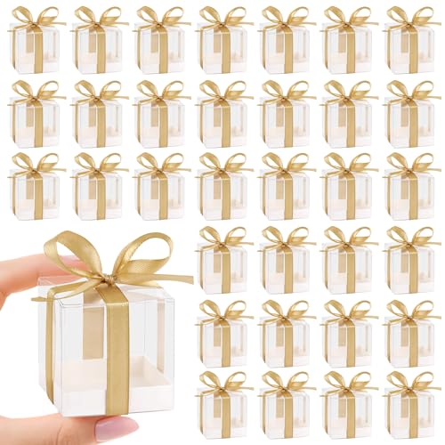 Hxezoc 50 Pack Favor Boxes 2x2x2 Inches Clear Candy Treat Boxes with Gold Ribbons Mini Plastic Gift Boxes for Wedding Birthday Party Baby Shower Classroom Decoration Supplies