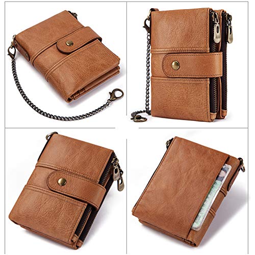 Image of boshiho Genuine Leather Bifold Chain Wallet for Men RFID Blocking | Heavy Duty Steel Anti-Theft Chain & 2 Zipper Coin Purse. Perfect for Bikers, Daily Commute, Gift for Dad /Husband