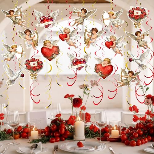 Image of Valentine's Cupid Party Streamers, 48 PCS Romantic Hanging Swirl Decorations - Angel, Heart & Rose Motifs for Valentine's Day, Weddings & Anniversary Parties