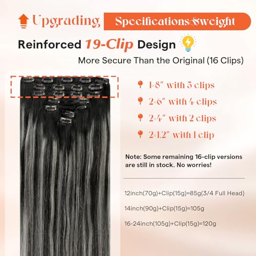 Image of Sunny Hair Clip in Hair Extensions Real Human Hair Black Ombre Balayage | 18 Inch Real Human Hair Clip in Extensions Natural Black Ombre Balayage Silver Grey, Natural Soft Fullness at Prom 120g