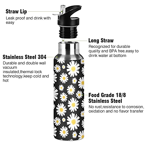 Sport Water Bottle With Straw Lid, Daisy Floral 20Oz Vacuum Insulated Stainless Steel Bottle, Bpa-Free, Bike Water Bottle For Gym, Fitness And Outdoor Sports #TOP2