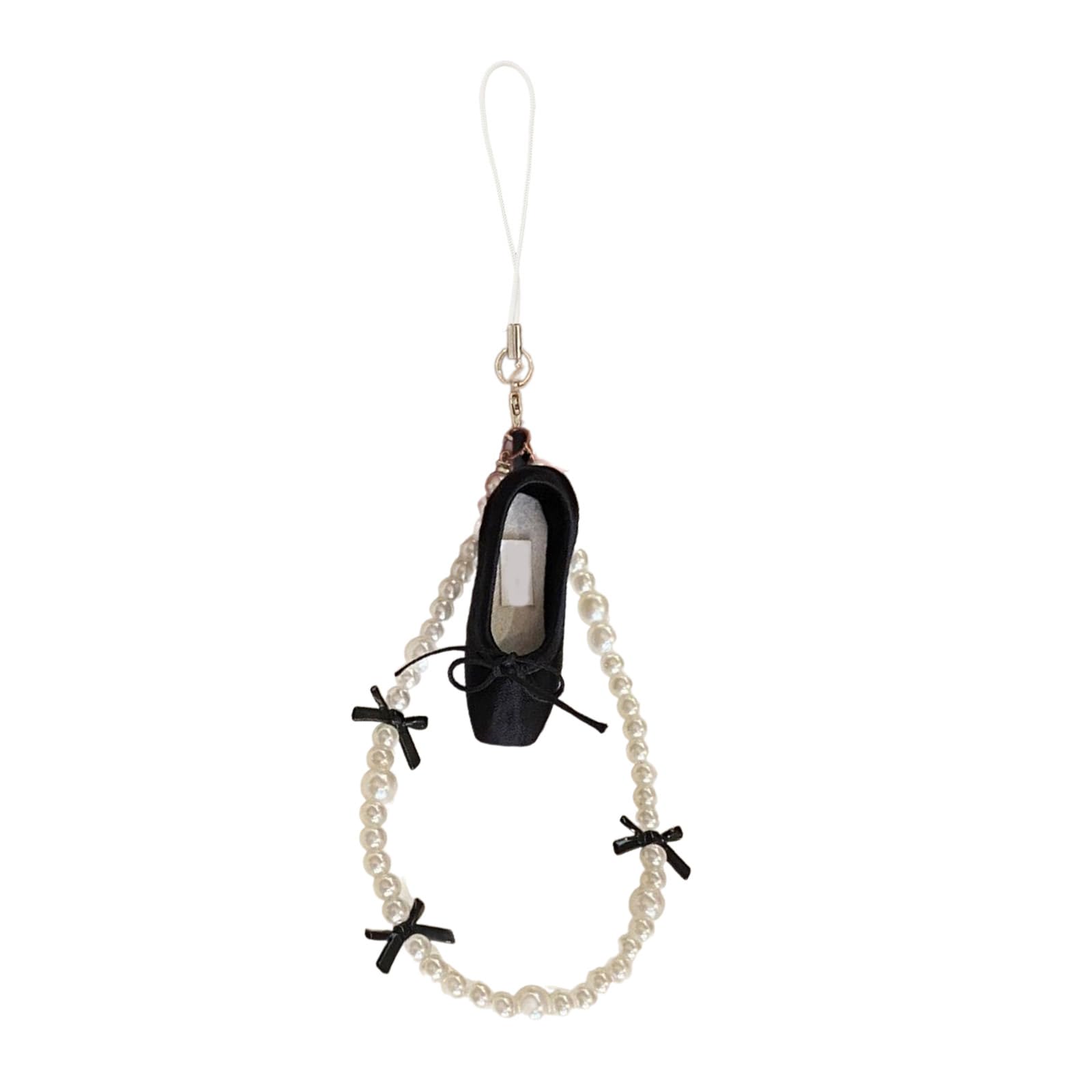 NEWFT Ballet Shoes Charm Keychain Pendant Sweet Bowknot Pearl Beaded Phone Chain