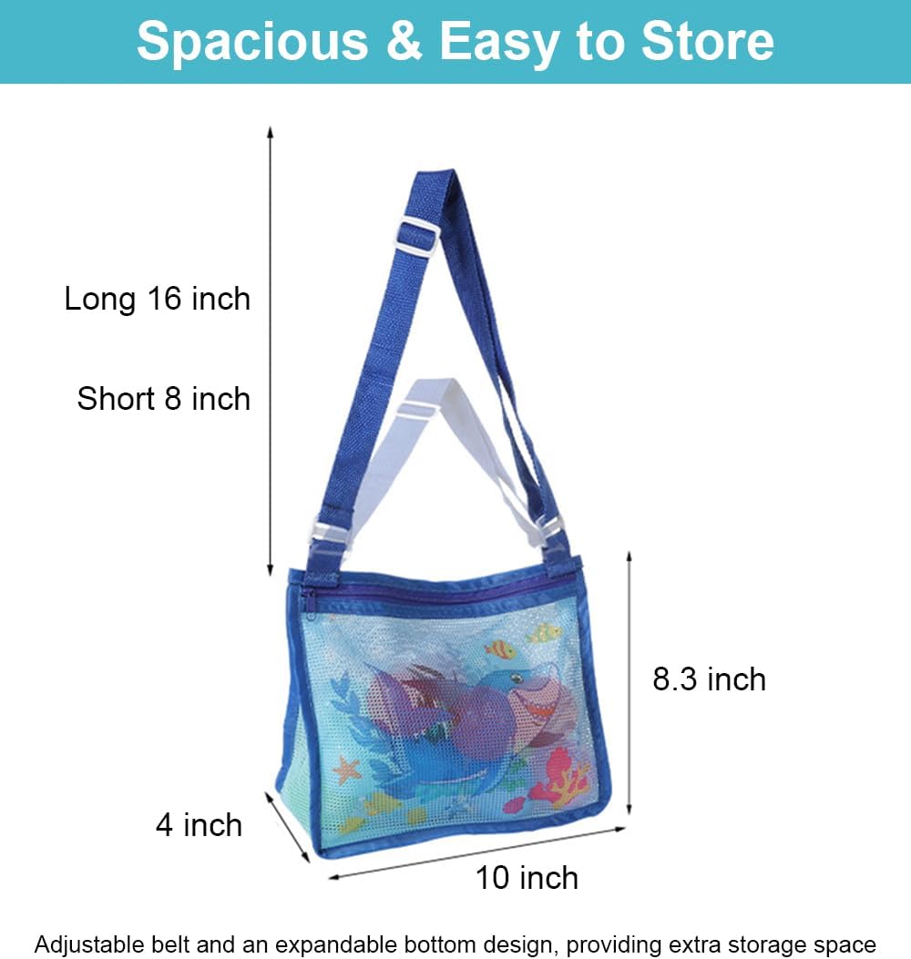2 Pack Seashell Mesh Bags with Zipper, Shell Bag for Sand Toys Mesh Bag for Toys, Beach Must Haves for Kids Beach Essentials