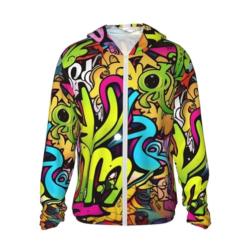 UPF 50+ Light Jacket Full Zip Sun Protection Hoodie for Women Men Long Sleeve Graffiti Drawing Sun Shirts Black