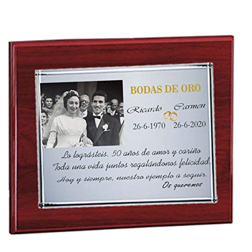 Curia Grabador - Placa Conmemorativa de 50 Aniversario Grabada en Madera - Placa grabada personalizada Con Foto y Texto a Elección - Regalos bodas de oro en madera