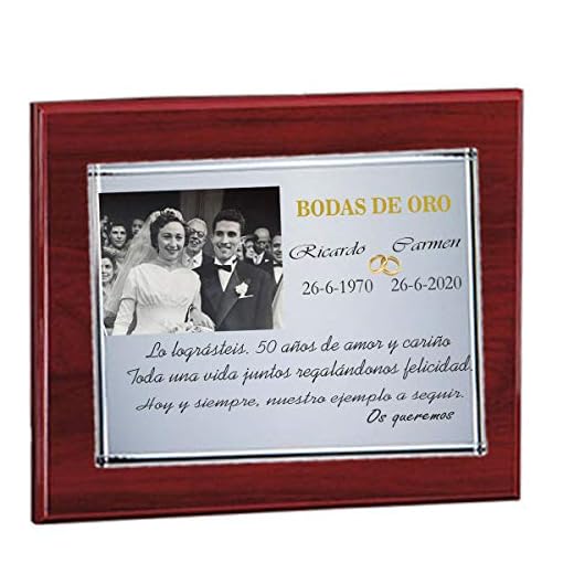Curia Grabador - Placa Conmemorativa de 50 Aniversario Grabada en Madera - Placa grabada personalizada Con Foto y Texto a Elección - Regalos bodas de oro en madera
