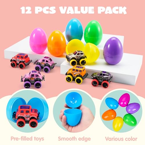 JOYIN 12 Pcs Easter Eggs Filled with Pull Back Monster Cars, Easter Trucks Cars for Kids ​Egg Hunt, Basket Stuffers Filler and Classroom Prize Supplies, Party Favors by JOYIN - Image 4