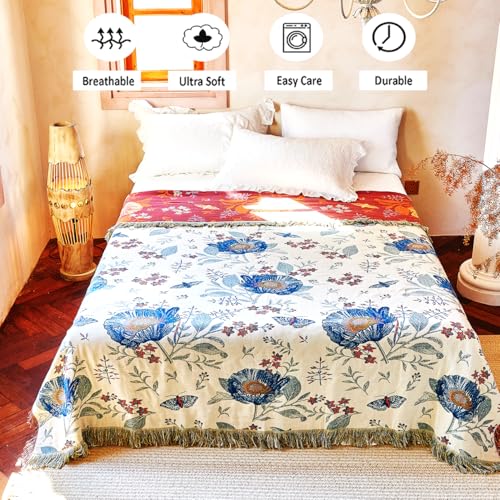 Boho Throw Blanket, 100% Organic Cotton Breathable Ultra Soft Bed Quilt Throw - All Season Floral Bird Butterfly Farmhouse Decor Blanket for Sofa Couch Chair and Gift. 80" x 90"
