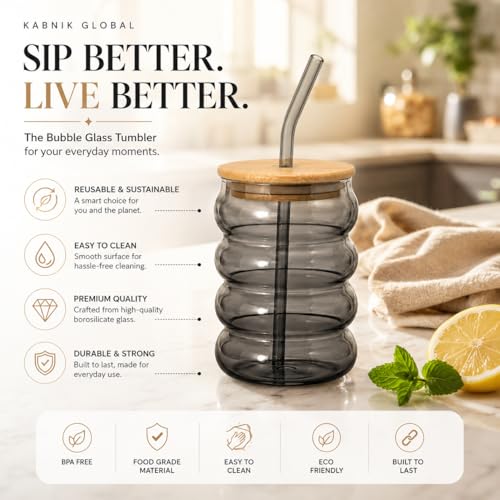 Image of Glass Tumblers with Wooden Lid and Glass Straw, 540ml, Borosilicate Glass, for Coffee, Iced Coffee, Juice and Smoothies, Coffee Mug, Sipper (Grey - Bubble Shape)