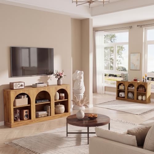 Image of Tribesigns Farmhouse Console Table Set of 2, Extra Long Entryway Table with 3 Tier Storage, Wooden Rectangular Sofa Table Behind The Couch for Entrance, Hallway, Living Room Natural Wood