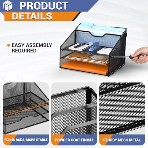 GAWERK Letter Tray Organizer, Mesh Desk File Organizer with 3 Paper Trays and 2 Vertical Upright Section, Blank - Image 4
