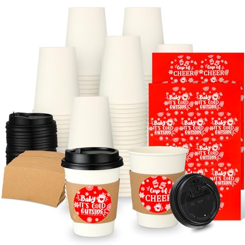 Maxcheck 24 Sets 12 oz Disposable Coffee Cup with Lid Baby It's Cold Outside Paper Cup with Sleeve and Sticker Hot Cocoa Beverage Cup Disposable Drinking Cup Winter Baby Shower Party Supply