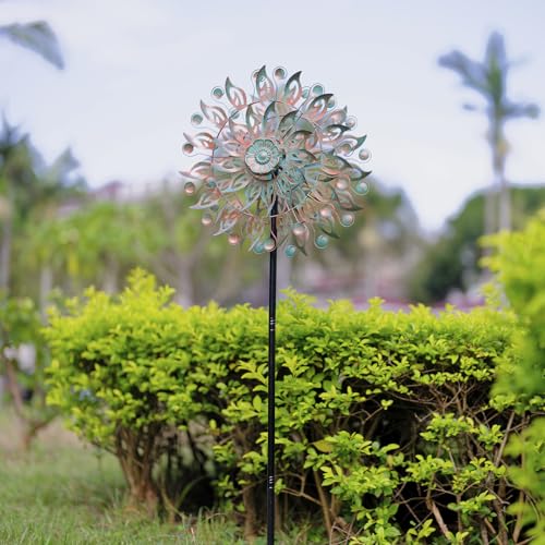 DREAMYSOUL Metal Wind Spinner, 16.5" Dia *64" Tall Large Wind Spinners Outdoor, 5 Pronged Kinetic Wind Sculptures & Spinners for Garden and Yard (Bronze) - image 3