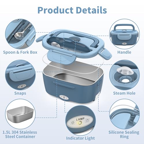 Image of Vingud Electric Lunch Box for Adults, Heated Lunch Box Food Warmer, 80W Portable Heating Lunchbox for Work /Car /Truck, 12 /24 /110V Lonchera Electrica Portatil Christmas White Elephant Gifts, Lake Blue