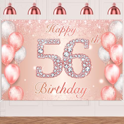 Image of Happy 56th Birthday Rose Gold Banner Cheers to 56 Years Old Backdrop Confetti Balloons Theme Decor for Women 56 Years Old Pink Birthday Party Decorations Bday Supplies Background Favors Gift Glitter