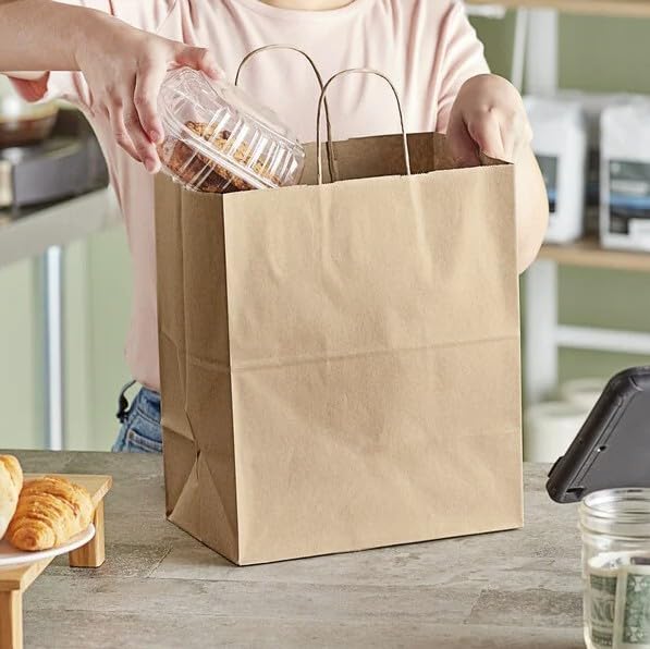 C-Store Packaging Kraft Paper Bags with Handles, 10" x 6.75" x 12", Large Brown Take-Out, To Go, Retail, Grocery, Gift & Merchandise Bags (250)