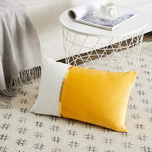 Image of Fancy Homi 2 Packs Decorative Throw Pillow Covers 12x20 Inch for Living Room Couch Bed, Yellow and White Velvet Patchwork with Gold Leather, Luxury Modern Home Decor, Lumbar Cushion Case 30x50 cm