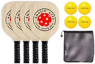 Amazin' Aces Pickleball Wood 4-Paddle Set - Pickleball Set Includes 4 Wood Pickleball Paddles, 4 Pickleballs & 1 Carry Bag