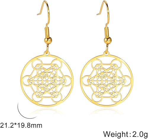 Miniatura 6 de Metatron - Aretes de cubo para mujeres y niñas, de acero inoxidable con geometría sagrada de flor de la vida, aretes hexagonales, joyería de estilo