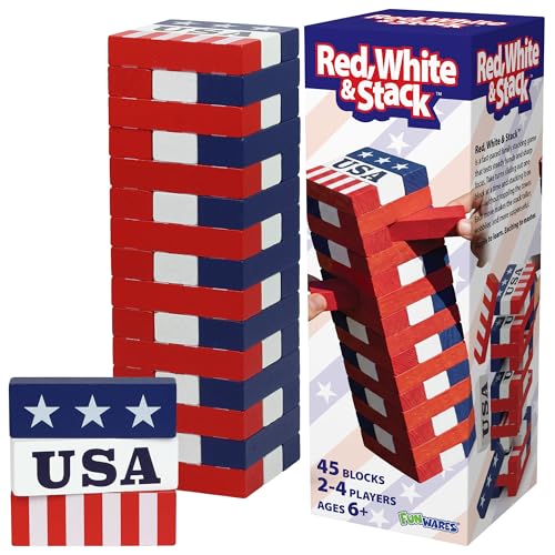 Funwares Red White & Stack Patriotic Wooden Stacking Game for Kids & Adults 4th of July Tumble Tower Indoor & Outdoor Family Play Ages 6+ USA Gift
