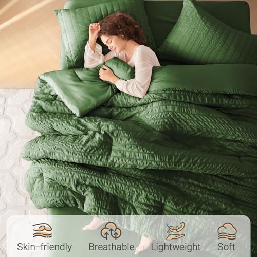 Image of MUXHOMO 7 Pieces Oversized King Comforter Set, Seersucker Bed in a Bag Oversized King Size, All Season Luxury Bedding Set with Comforter, Flat Sheet, Fitted Sheet, Pillowcases & Shams, Dark Green