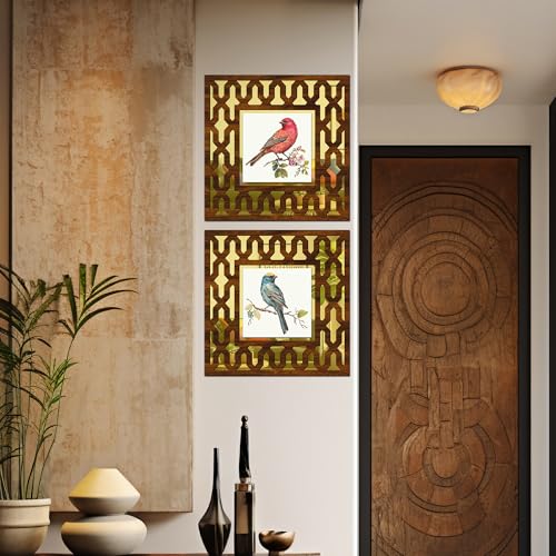 Image of Wooden Bird Painting Mirror Wall Decor Panel for Home Decor Living Room Bed Room Office (AD4, 12X12 Inches, Set of 2)