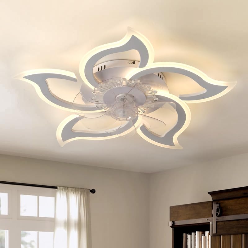 Smart Lampadario Ventilatore LED Dimmerabile 6 Velocità Ventilatore Soffitto con Luce Telecomando Silenzioso Reversibile Plafoniera con Ventilatore Moderno Fiore per Camera da Letto, Bianc||A