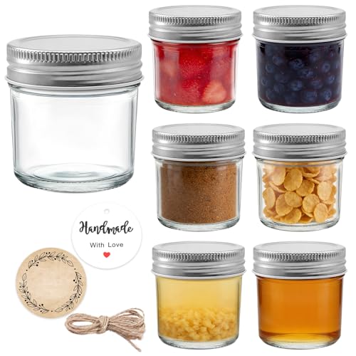 PureRoot 6 Pack Mini Mason Jars 2 oz Glass Jars with Lids Small Glass Jars for Jam Ginger Shots Honey Spices Wedding Favors Includes Labels String & Handmade Tags