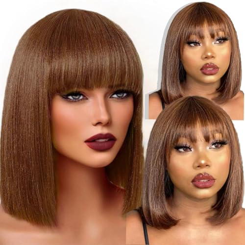 Chocolate Brown Straight Bob Wig Human Hair Short Straight Human Hair Wigs with Bangs Brazilian Straight Wig with Bangs None Lace Front Wigs For Black Women 14Inch