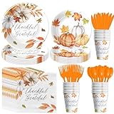 Aribra Thanksgiving Decorations Party Tableware, Fall Leaves Pumpkin Theme Thanksgiving Plates and Napkins Party Supplies Table Decorations, Paper Plate, Cup, Napkin, Disposable Cutlery, Serves 24