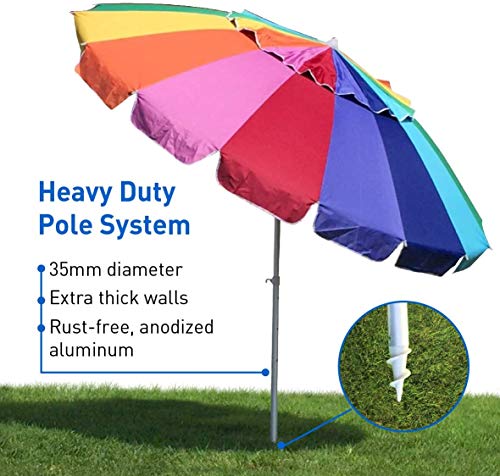 EasyGo 8 Foot Heavy Duty HIGH Wind Beach Umbrella - Giant 8' Beach Umbrella with Sand Anchor & Carrying Bag -Sturdy Pole and Thicker Fiberglass Ribs for High Wind Resistance