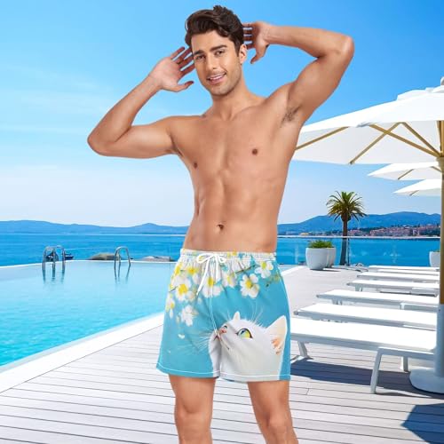 Fall Cat Yellow Florals Mens Swim Trunks with Liner, Cool Quick Dry Beach Swim Shorts, Swimwear Bathing Suits S4