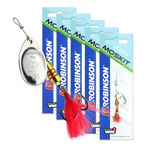 ROBINSON Spinner Angelköder 5er Set mit intensiven Vibrationen & breitem Spinnerblatt - VMC-Drillingshaken & Reizfaden Kunstköder für Hecht Barsch & Forelle (Silver Sote Größe 1 (4g) - 5 Stück)