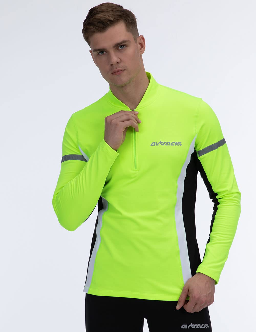 Airtracks Herren Winter Funktions Laufshirt Langarm - Thermo Running Sweatshirt - Fleece T-Shirt - Warm - Winddicht - Atmungsaktiv - Reflektoren