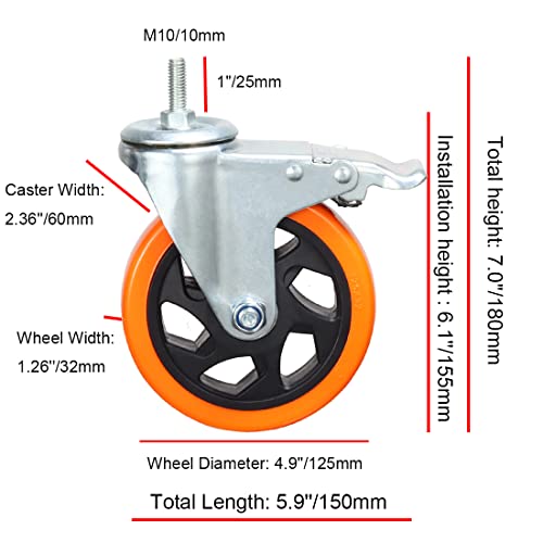 Image of Heavy Duty Stem Caster Wheels M10-1.5X25mm Dual Locking No Noise PVC Threaded Stem Caster Wheels Pack of 4 for Workbench, Dolly, Furniture (5 Inch, Orange)