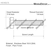 Vista 2 de MewuDecor Tornillos hexagonales de cabeza hexagonal de 1/4-20 x 1, accionamiento hexagonal externo, acero inoxidable 304, rosca gruesa UNC