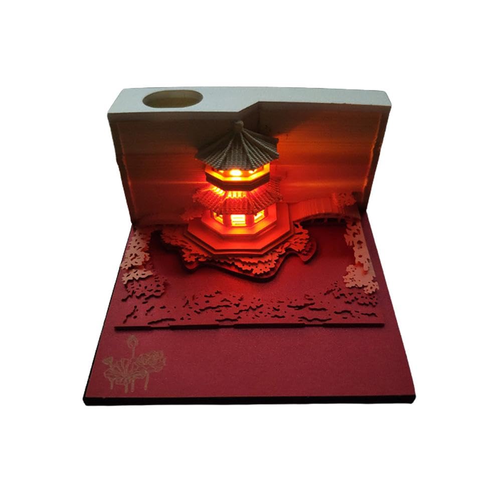 3D-Notizblock mit Licht, 3D-Papierschnitzerei, Gartenpavillon, geschnitzter Notizblock mit Lichtern, Büro-Schreibtisch-Ornament, zum Abreißen, Papierbasteln, Gartenpavillon, für Zuhause, Büro,