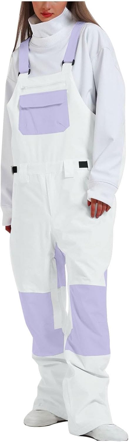 Women'S Color Block Ski Overalls Windproof Thermal Breathable Insulated Ski Pants Waterproof Snow Bibs Ski Pants
